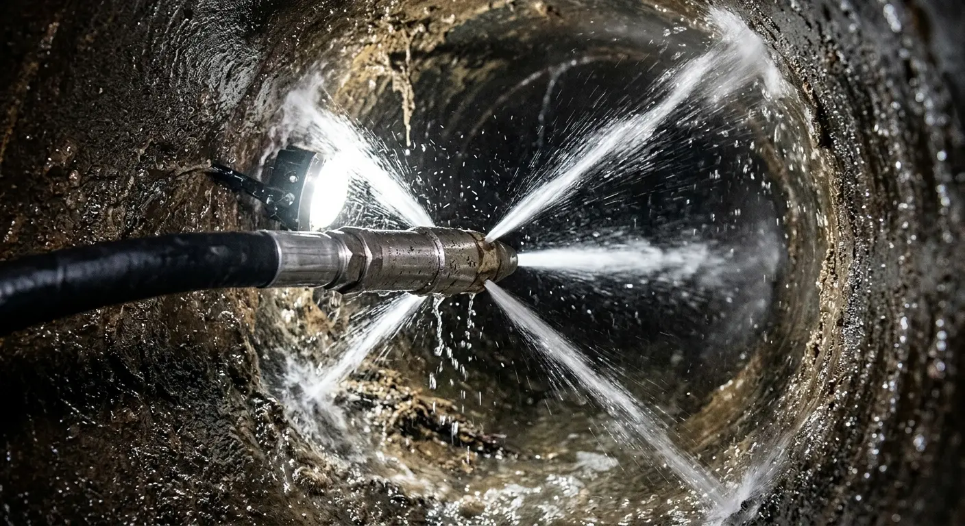 High-pressure hydro jetting nozzle cleaning sewer pipe for Sewer Cleanout in Live Oak