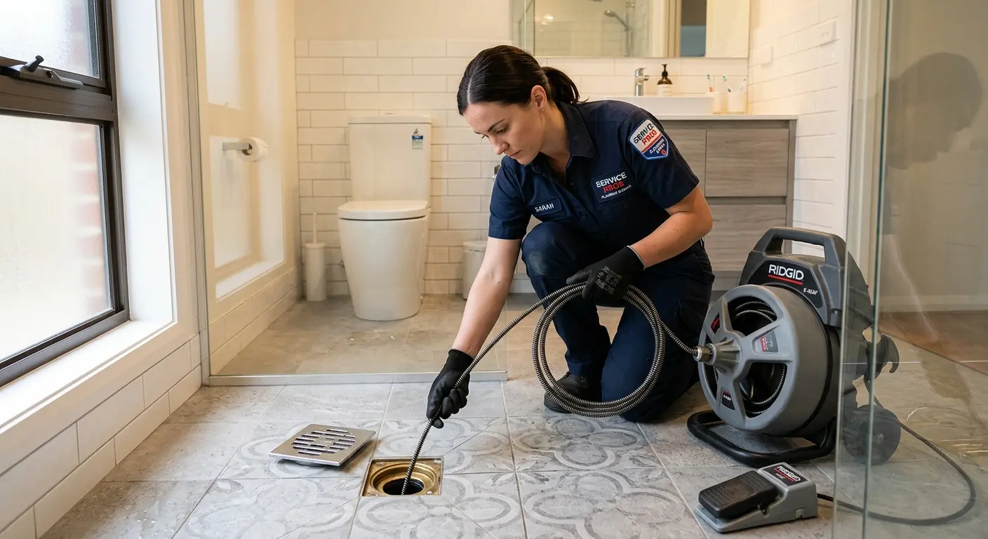 Technician clearing a bathroom floor drain for Drain Cleaning in Live Oak